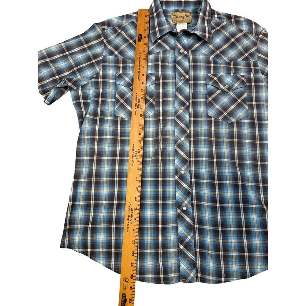 Wrangler Mens Western Snap Shirt Blue Yellow Plaid Short Sleeve XL - Picture 7 of 7
